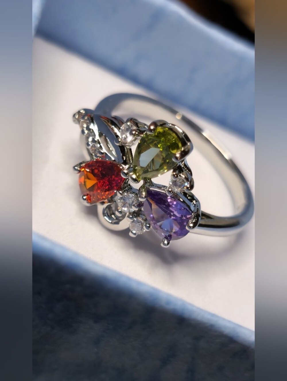 14K White Gold Over Brass Ring Tri-color CZ New Size 7